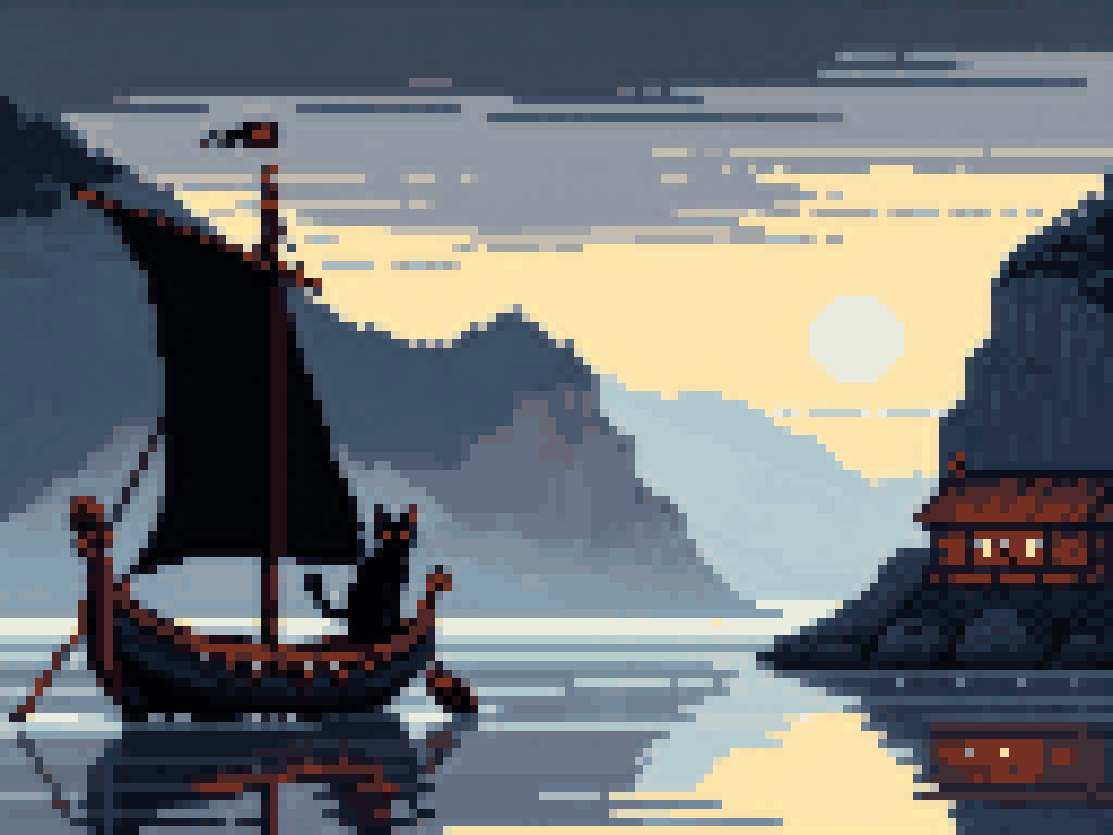 A black cat with amber eyes at the prow of a Viking longship on a grey river