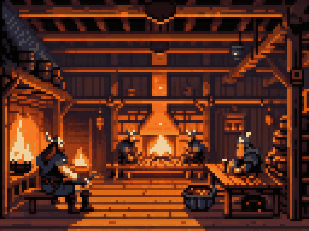 Viking longhouse interior, firelit warriors, a glowing line drawn in mead on the table