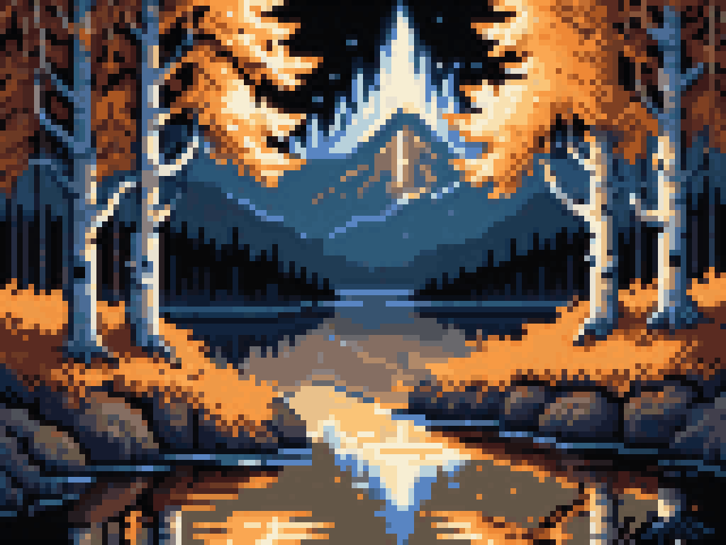 A glowing signal moving through a dark neural lattice, birch trees along a ghostly river