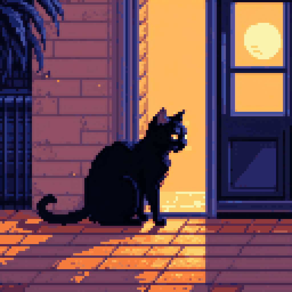Black cat with amber eyes staring at a wall, fur raised, midnight, the body deciding