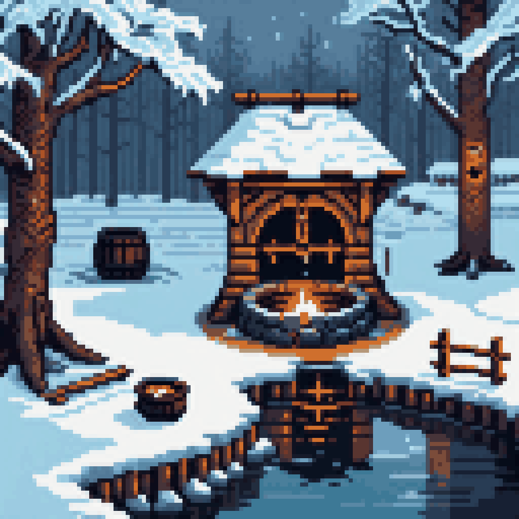 Ancient stone well in a Viking settlement, snow-covered, winter scene, dark forest