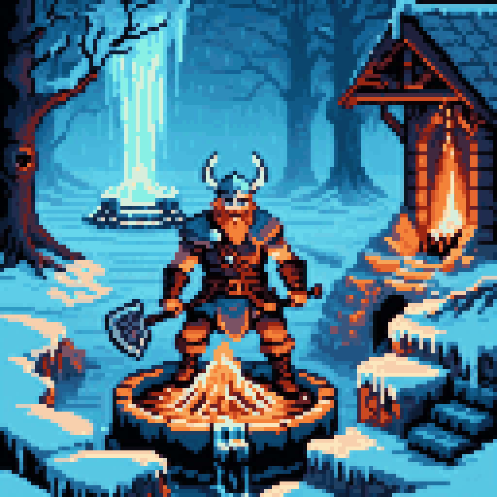 Viking warrior at frozen well, axe raised, warm light rising from the dark ice hole