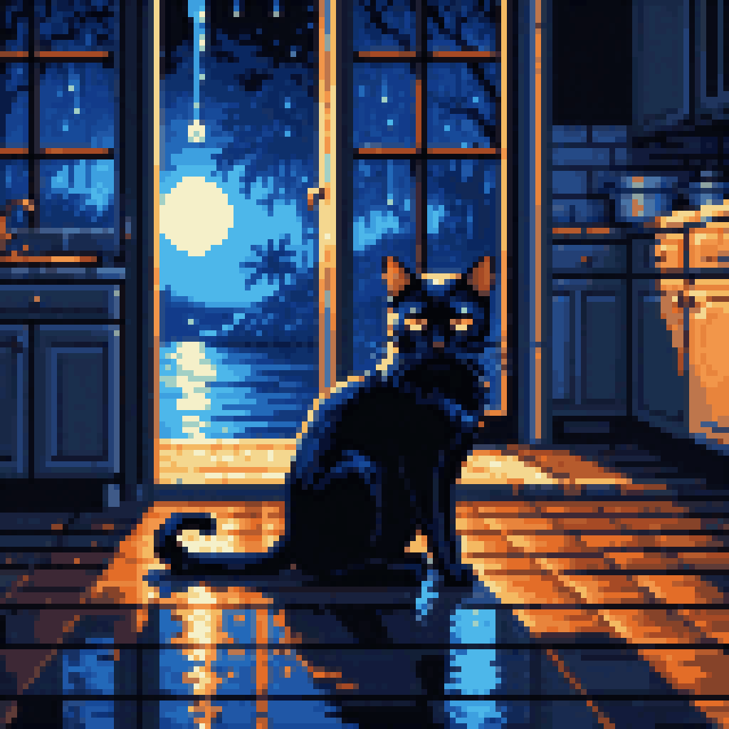 Black cat on kitchen tile floor at night, moonlight through window, dripping water