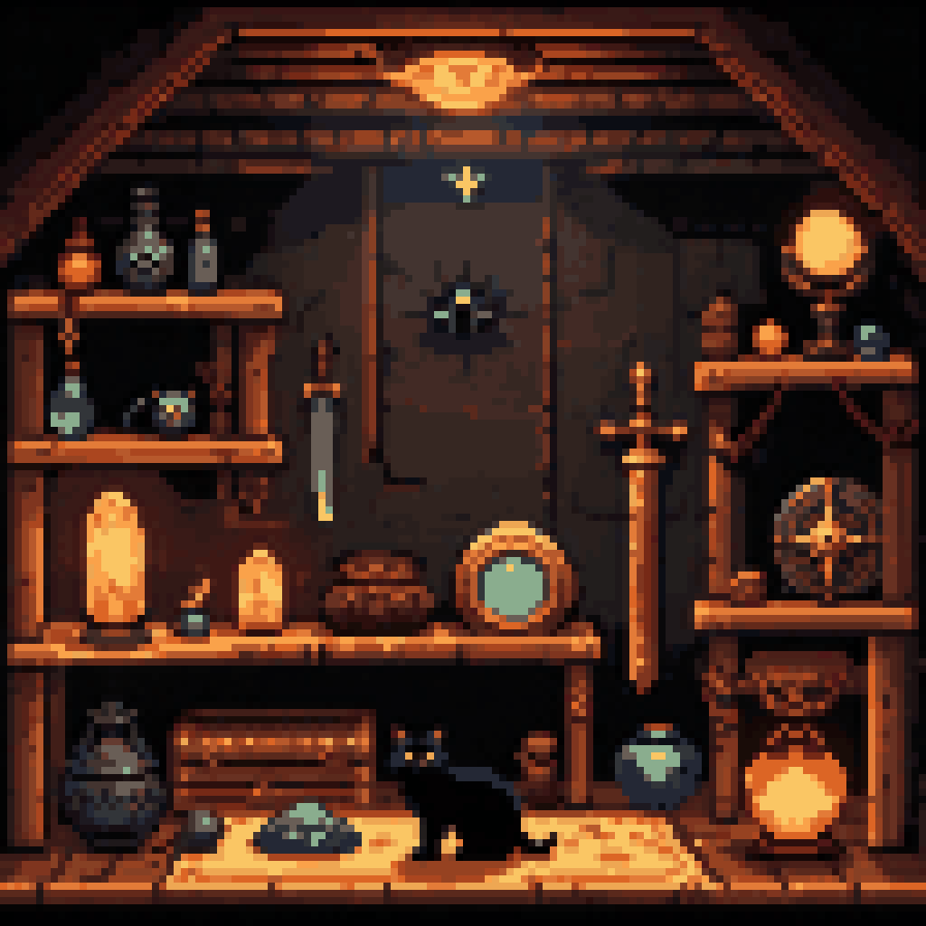 A wooden shelf with ten glowing objects in a dark Viking room, mysterious artifacts