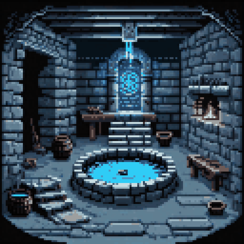 A stone well inside a Viking longhouse room, spiraling text carved into descending walls