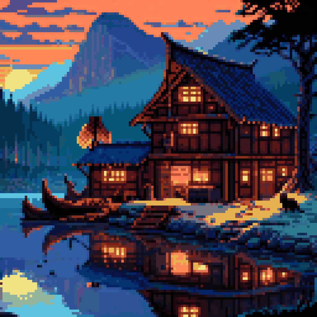 A Viking longhouse on a riverbank at twilight, ten lit windows, black cat in doorway