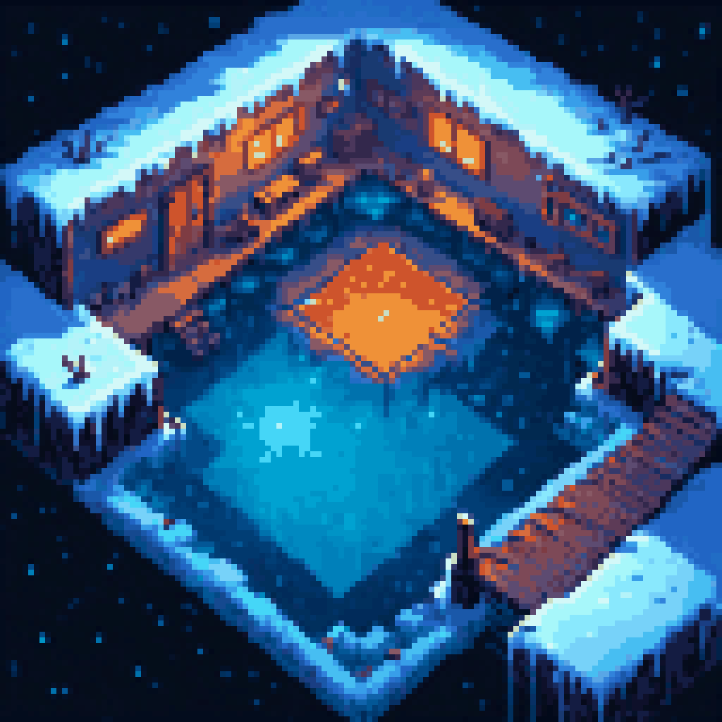A frozen translucent lake at night with glowing rooms visible beneath the ice surface