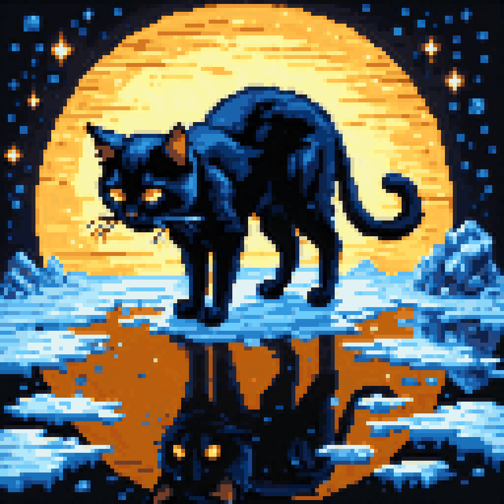 A black cat touching paws with its reflection in dark water, amber eyes glowing