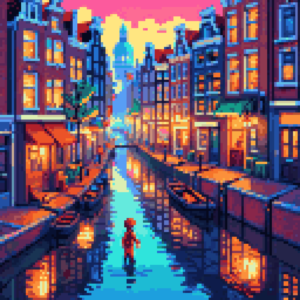 Six animated characters walking through Amsterdam canal street, arms floating detached above the canal water