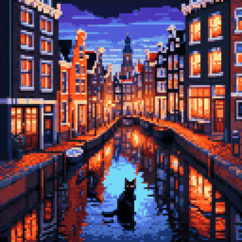 Black cat walking through Amsterdam pixel art city made of file system directories, stepped gable buildings, cobblestone pixel grid