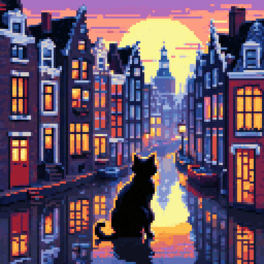 Black cat on Amsterdam rooftop at dawn pressing paw to surface generating pixel sprites, canal reflection below