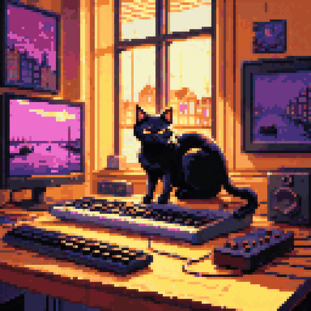 Black cat sleeping on desk, sound waves shimmering through animation frames, detached arm conducting over Amsterdam canal, synth modulation visualization