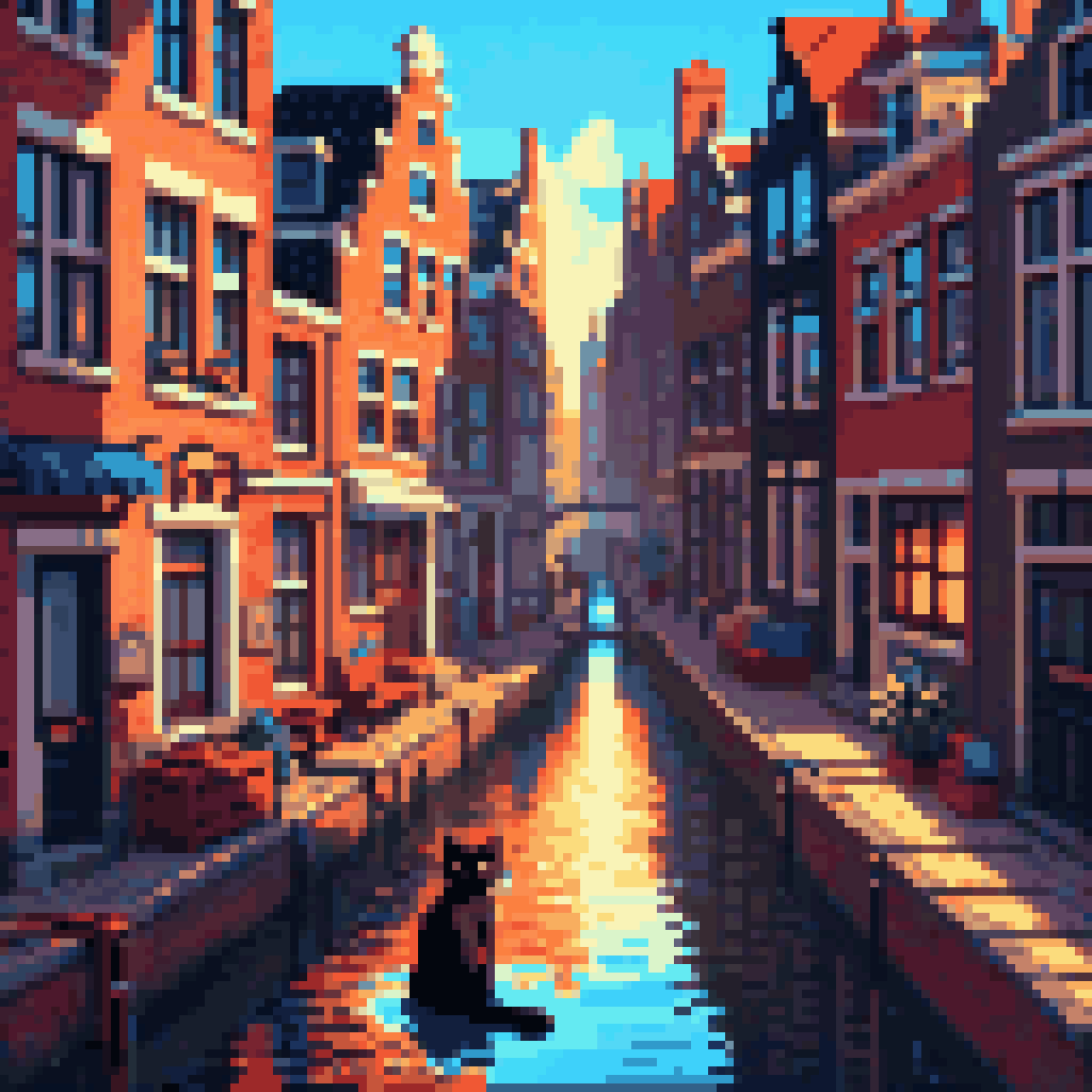 Black cat lying in a sunlit patch on a wooden desk that is also a timeline, Amsterdam canal visible through window, tiny animated characters walking below