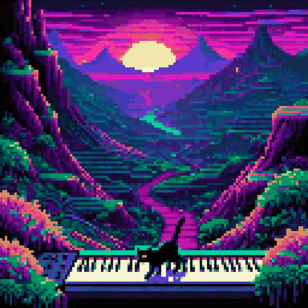 Black cat walking along a signal routing line inside a VST landscape, knobs as hills, modulation matrix valley, ghost DSP entity