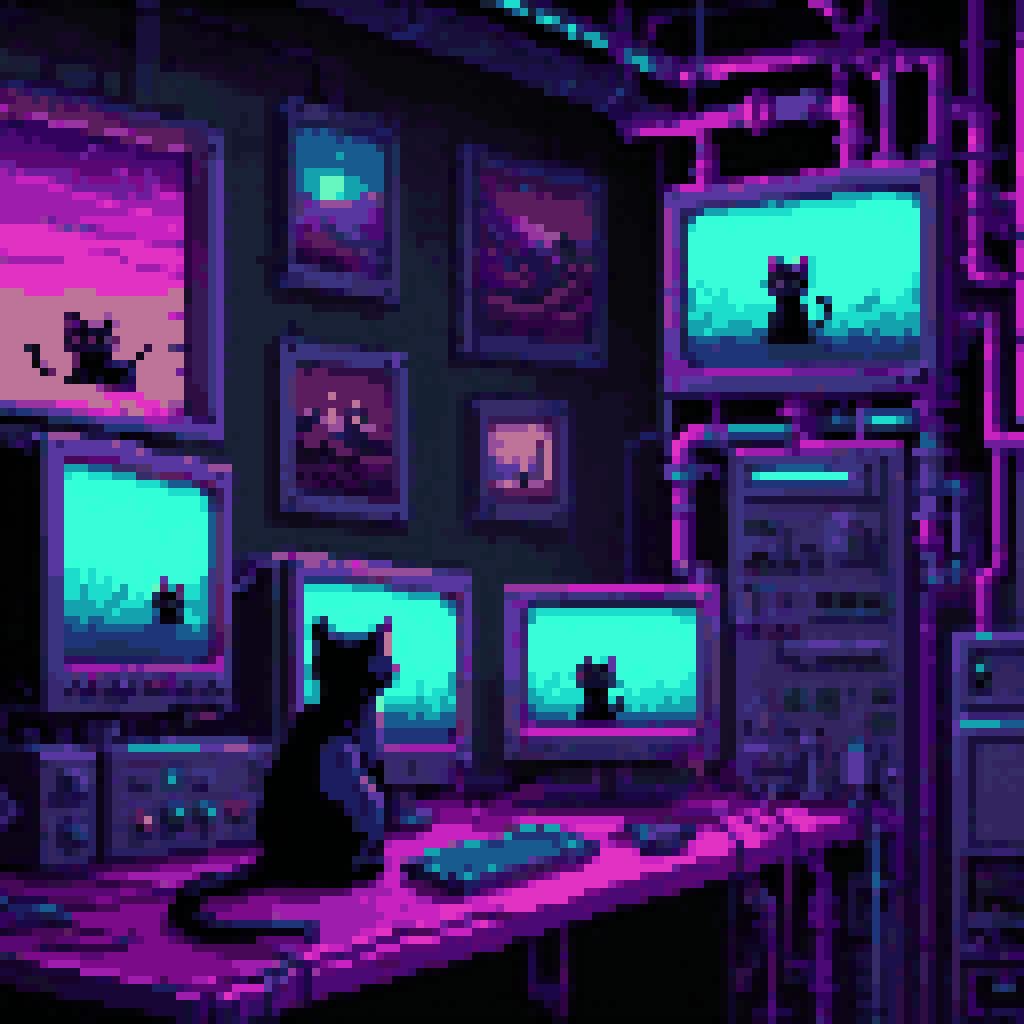 Dark animation studio with translucent pipeline tube, frames stuck behind frame 847, six monitors showing frozen Channel 13 characters