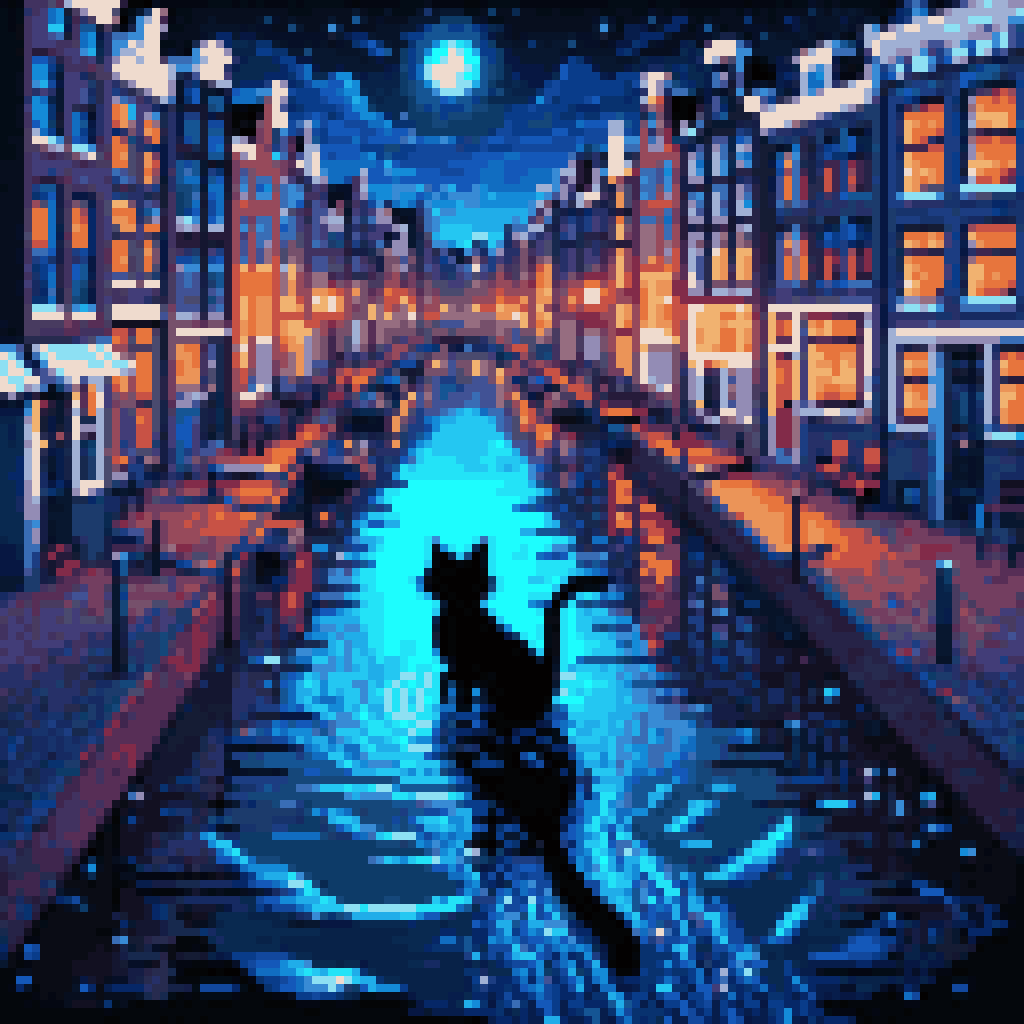 Hundreds of detached arms floating in a dark Amsterdam canal under too many stars, black cat on the canal path, wireframe armatures glowing blue