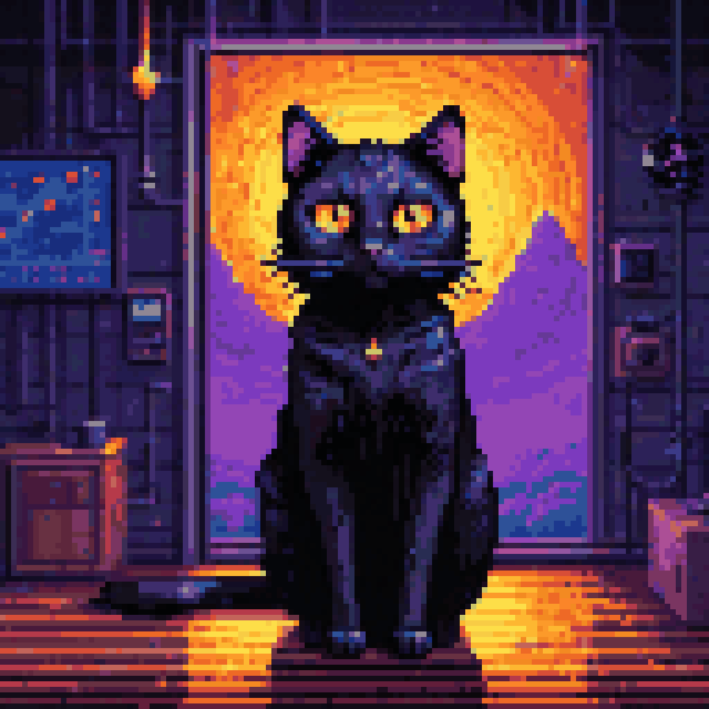 Black cat standing ankle-deep in particulate matter in a room made of isobars and weather data, Good Weather Index needle on wall