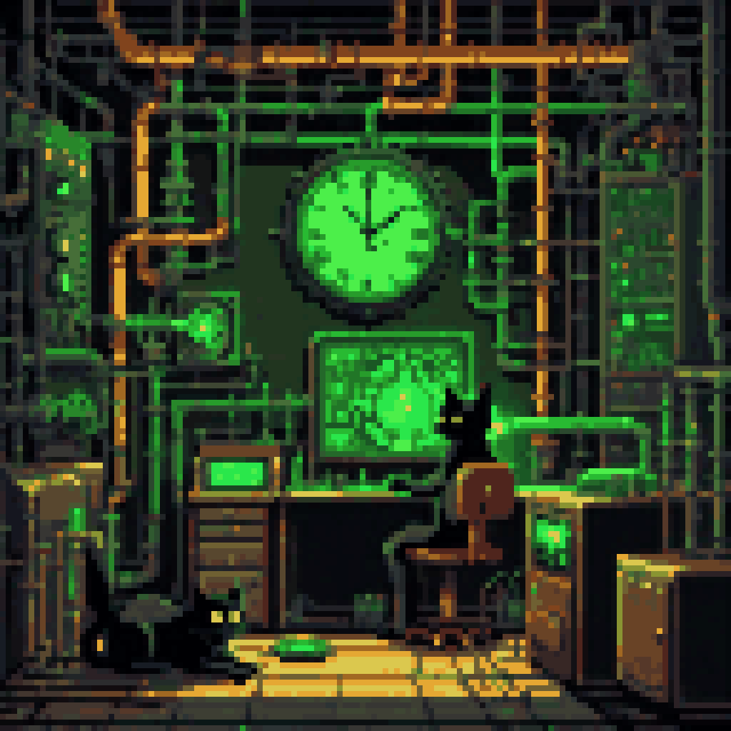 Dark room with glowing crontab schedules on walls, clock gears, pipes with flowing data, small black cat auditing in the center