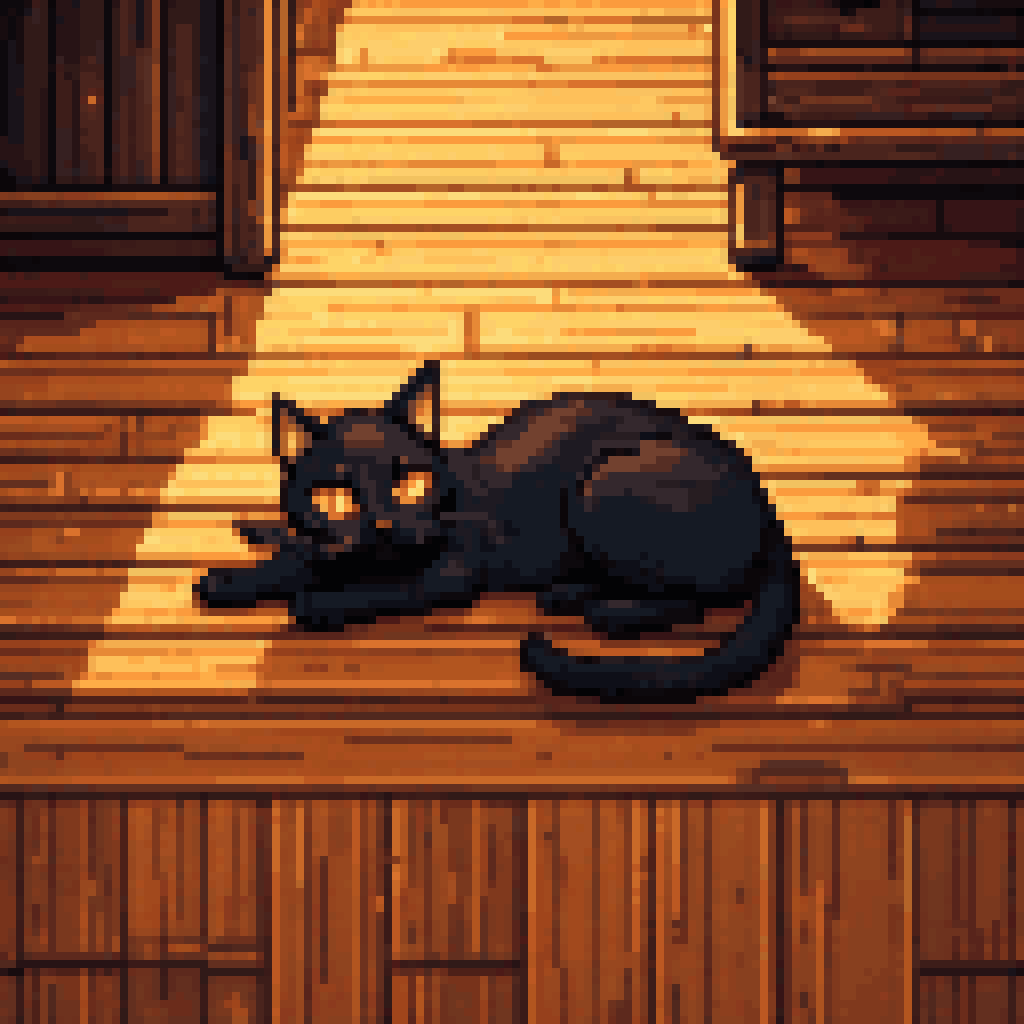 Black cat lying on a glowing wooden floor, mathematical grid lines in the wood grain, amber eyes half-closed