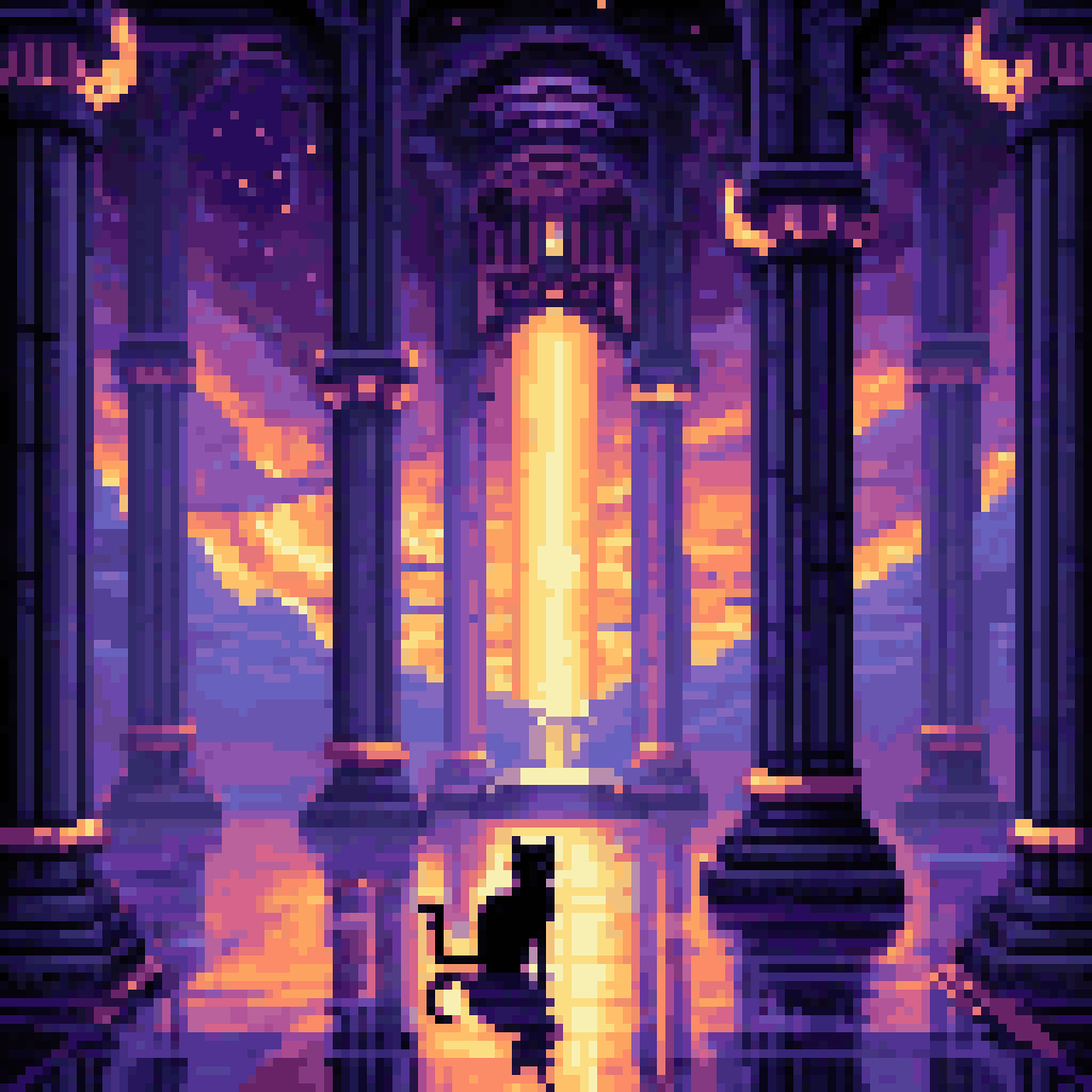 Eleven glowing translucent columns of compressed atmosphere standing in a dark room, black cat walking between them