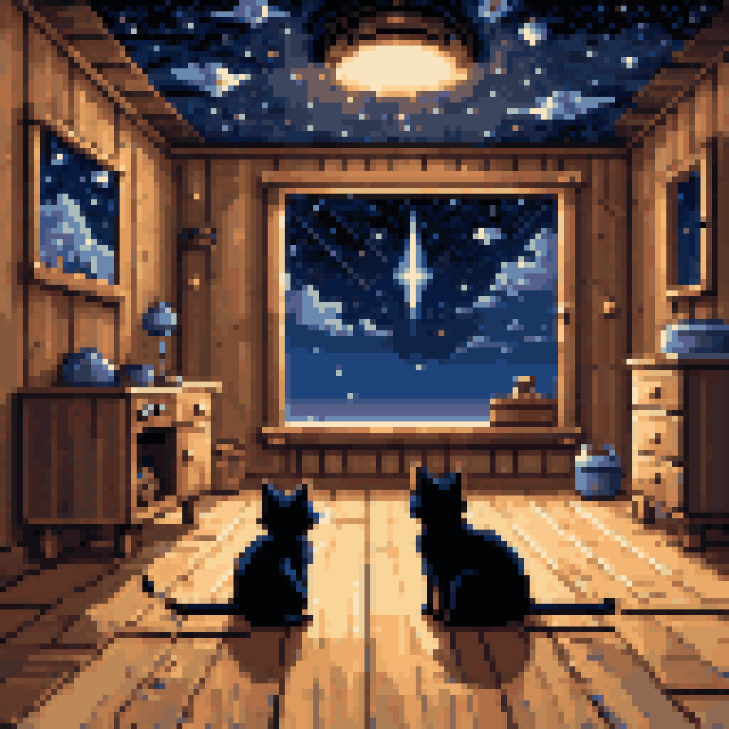 Black cat and grey mouse facing each other on a wooden floor in an empty room, wind arrows flowing between them, starry sky above