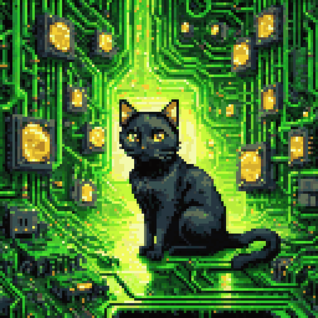 Black cat sitting inside a glowing circuit board landscape, streams of golden data flowing like rivers through silicon