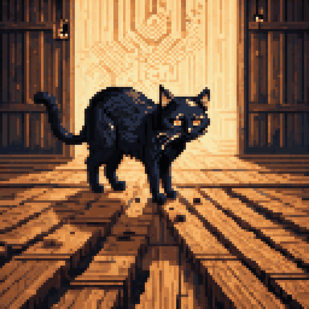 Black cat on a wooden floor dissolving into mathematical patterns and grid lines, surreal scene