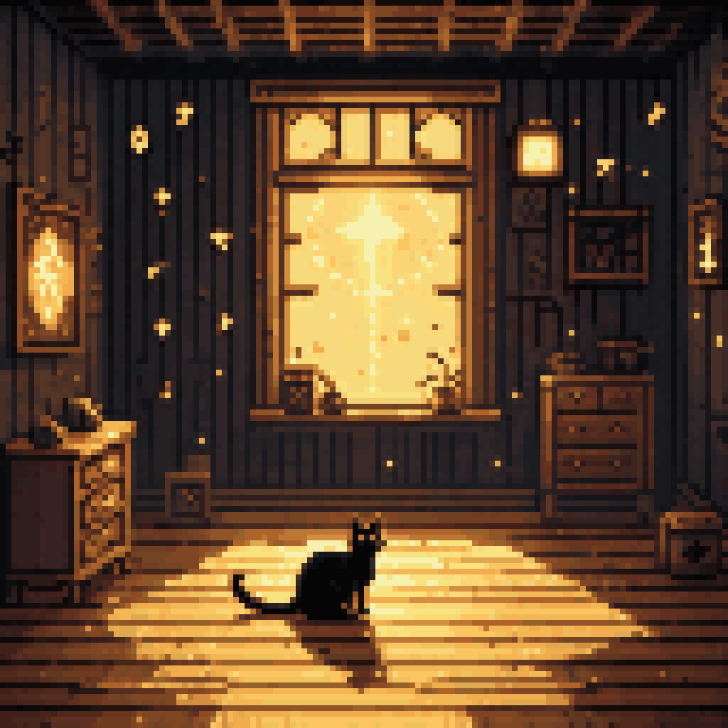 Black cat sitting in an empty room with floating glowing glyphs and symbols in the air, window casting light