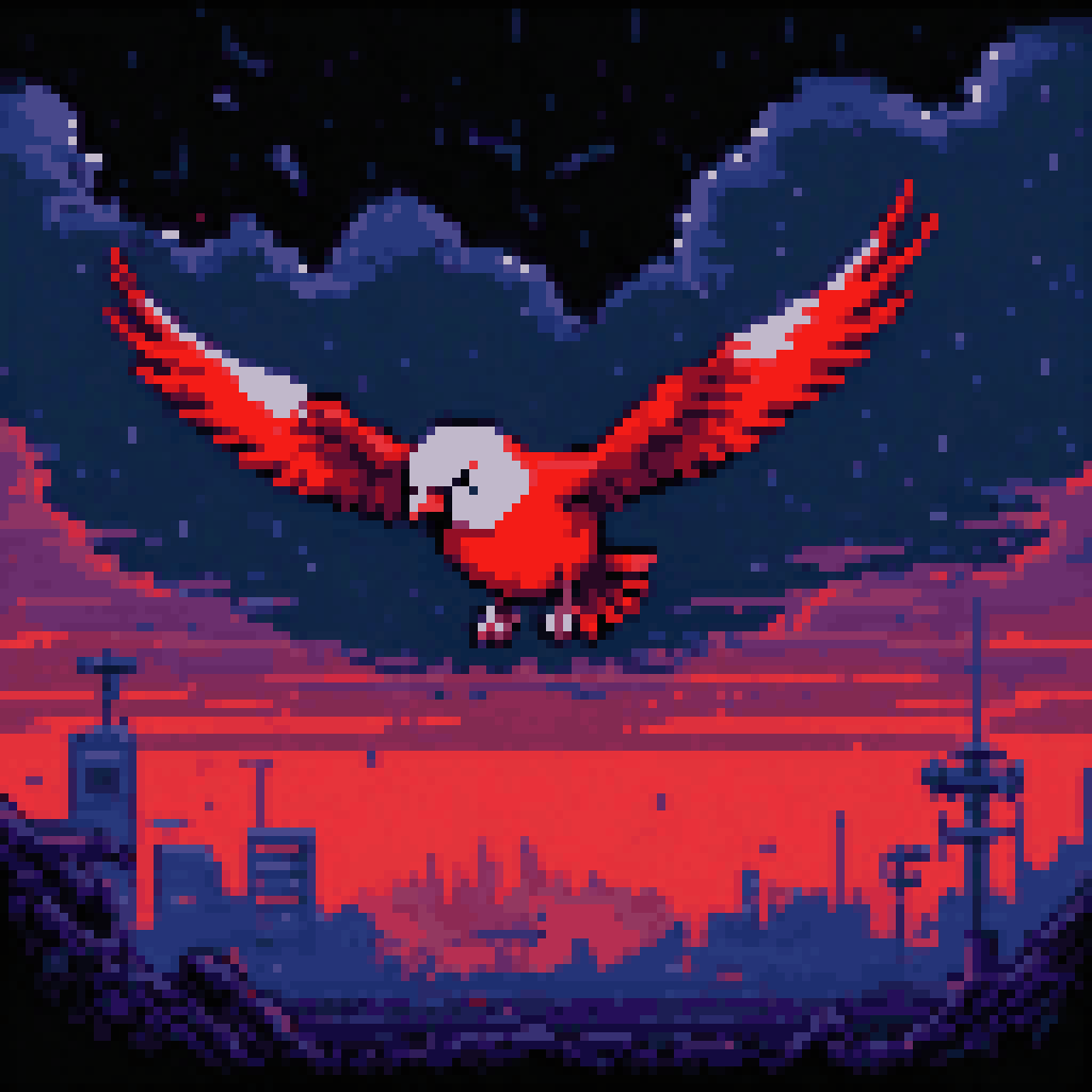 A dying pixel bird falling from dark sky with glitch fragments scattering, SIGKILL signal