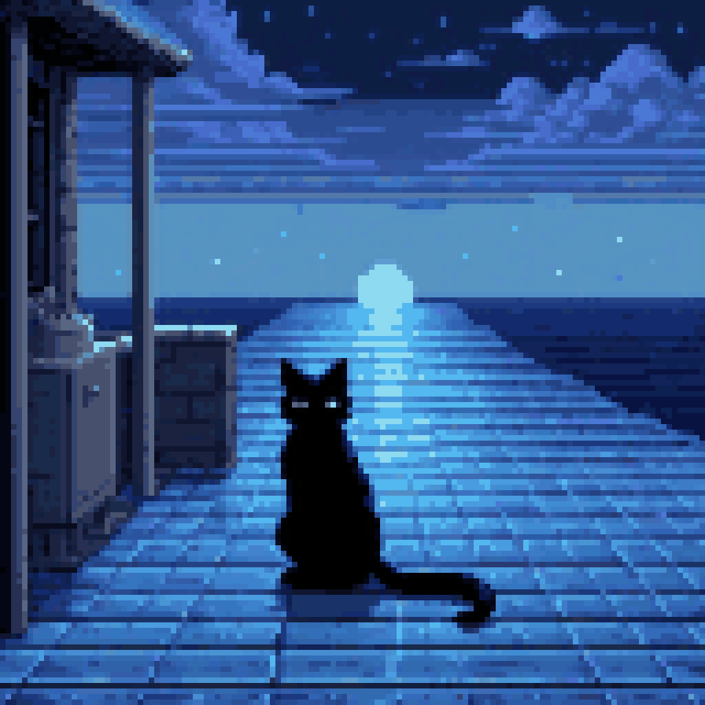 Empty ocean grid tiles stretching to horizon, hurricane simulation with zero storms, black cat sitting alone