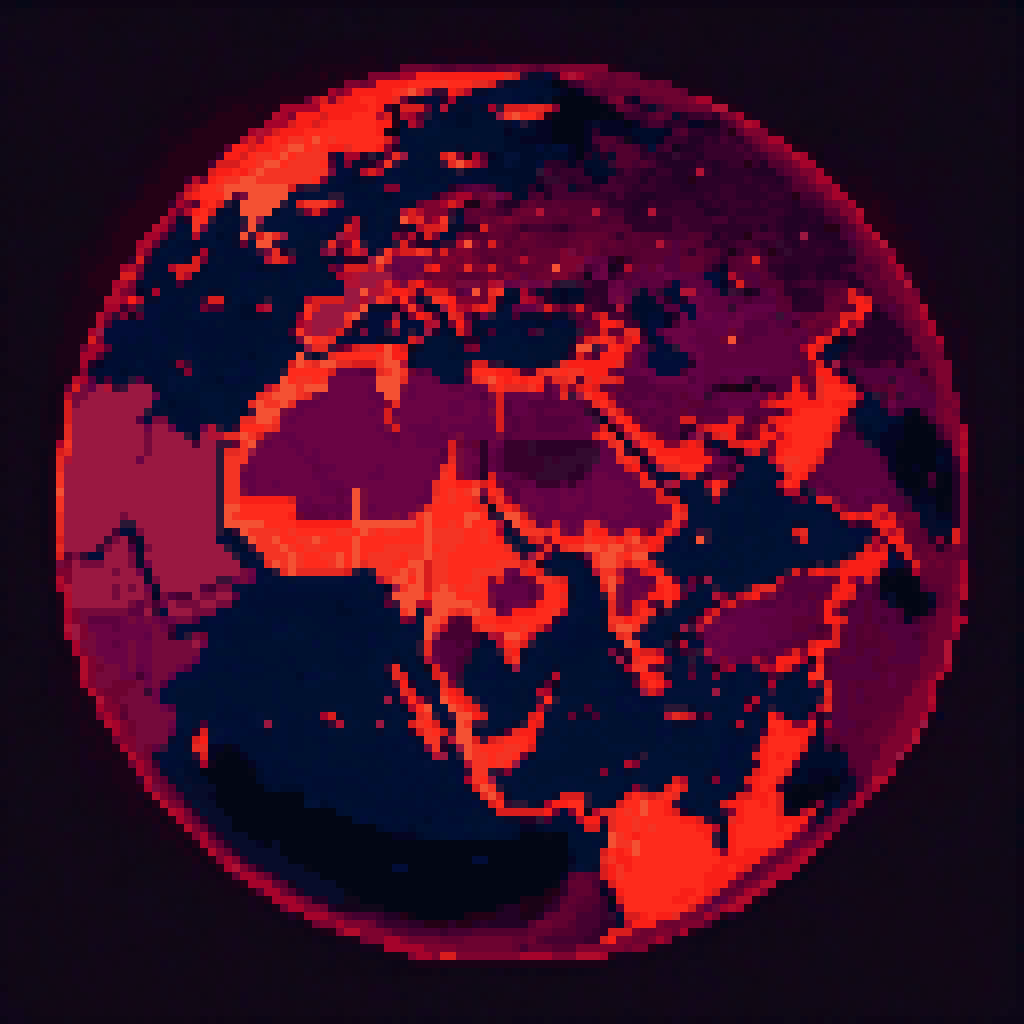 Dark globe with red pulsing dots across Middle East, oil fires burning in pixel art style