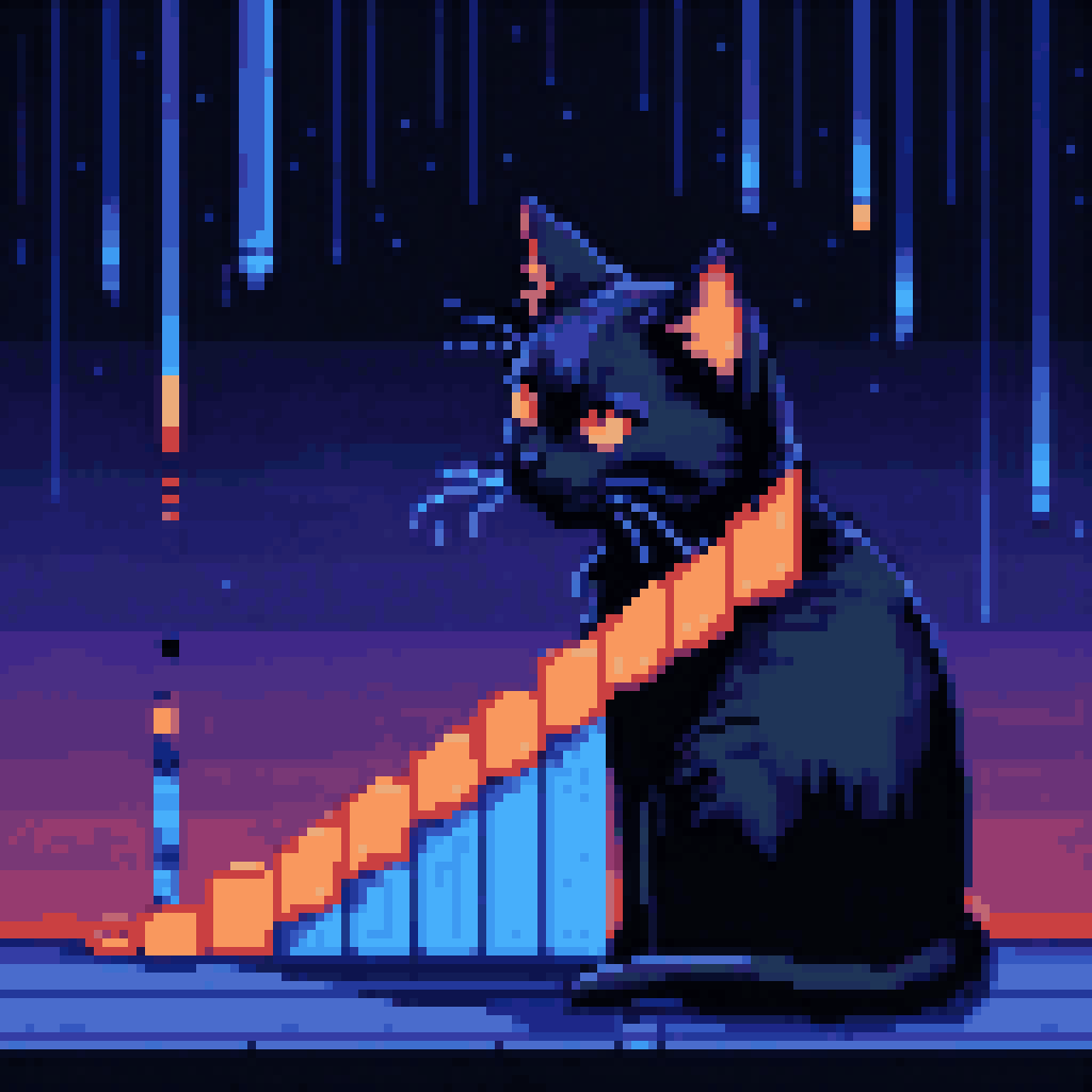 Five glowing axis bars in dark void forming a mood index, black cat sitting in the center looking up at data