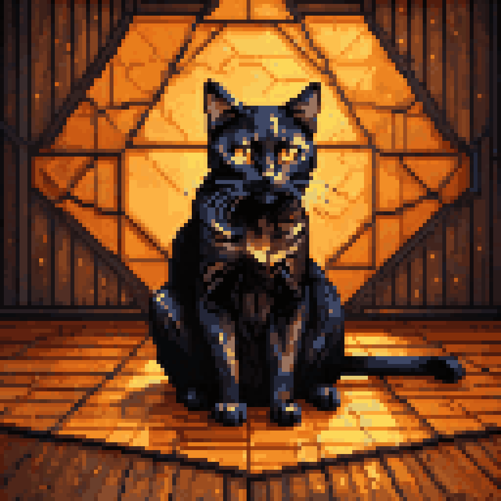Black cat sitting on wooden floor with geometric voronoi grain patterns glowing amber, dark atmospheric room