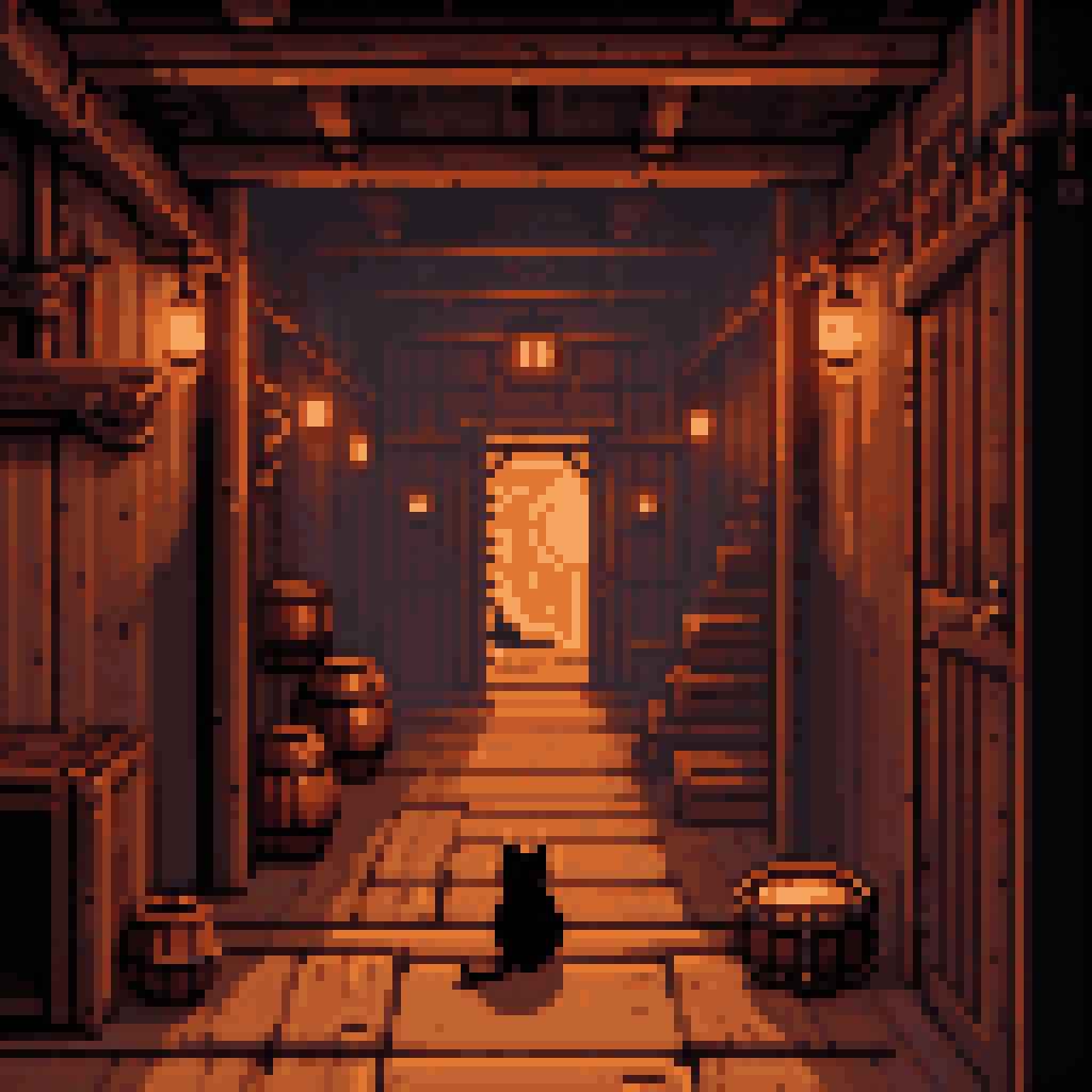Dark viking longhouse corridor with fourteen doorways stretching into distance, black cat silhouette, torchlight, shields on walls, glowing mouse at far end