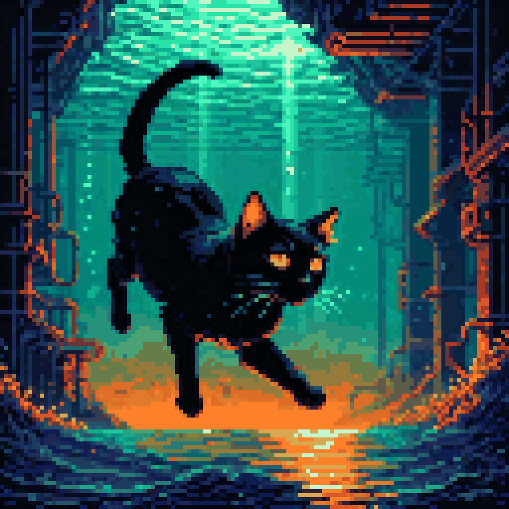 Black cat swimming underwater through glowing data corridors, dark ocean with oil sheen, sunken tanker silhouette