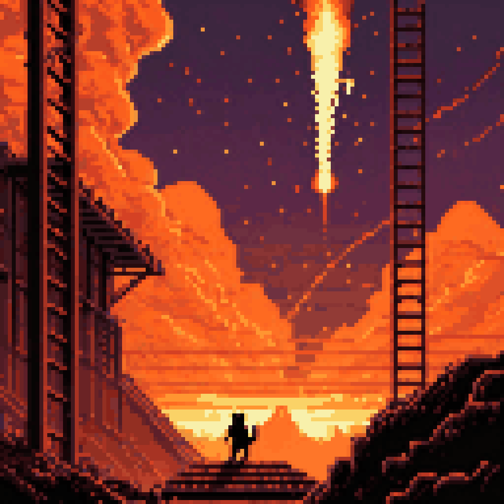 Infinite ladder reaching into burning orange-brown sky, black cat climbing down, missile trails in background