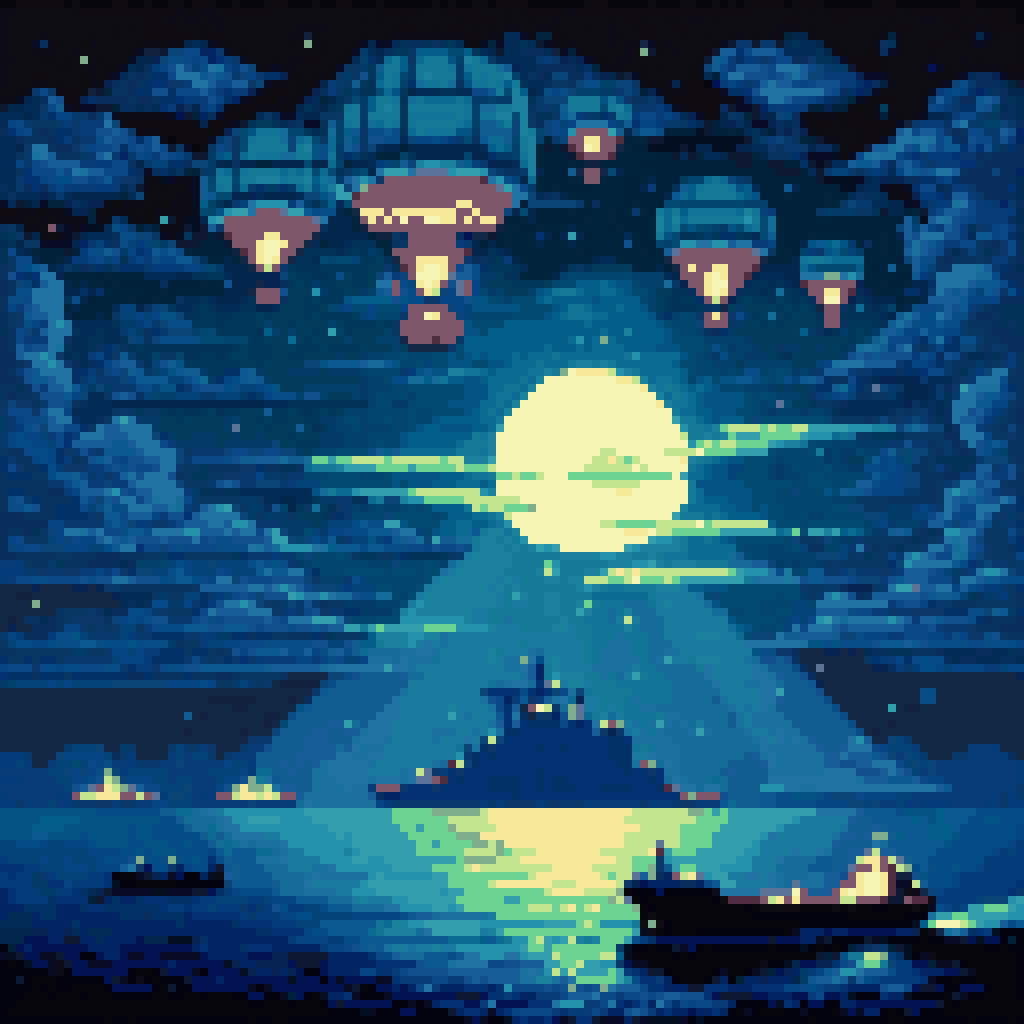 Fifteen glowing points of light floating above dark ocean, oil tanker ships below, distant island with paratrooper silhouettes