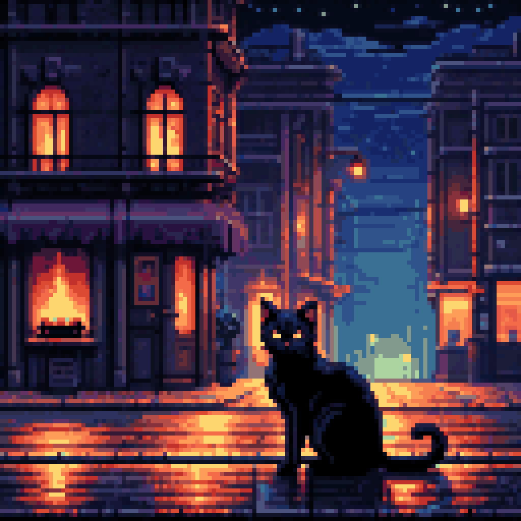 Black cat sitting alone on dark city street at night, distant fire glow, european architecture, surveillance cameras
