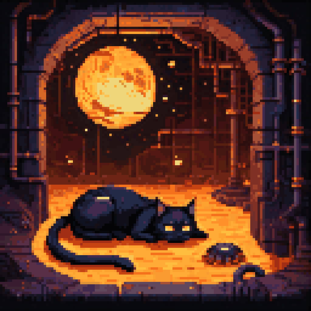 Black cat curled up sleeping in warm glowing amber chamber