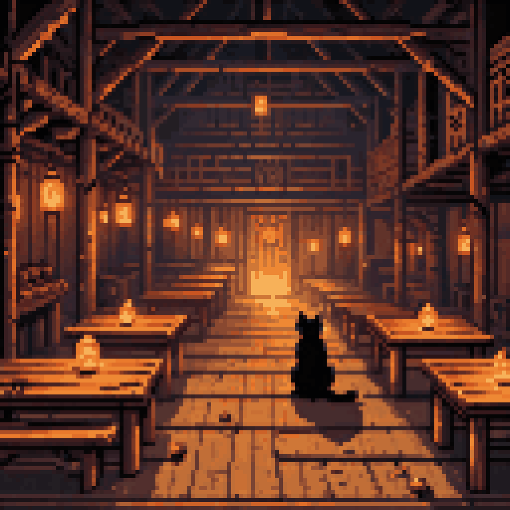 Black cat walking through dark viking longhouse mead hall