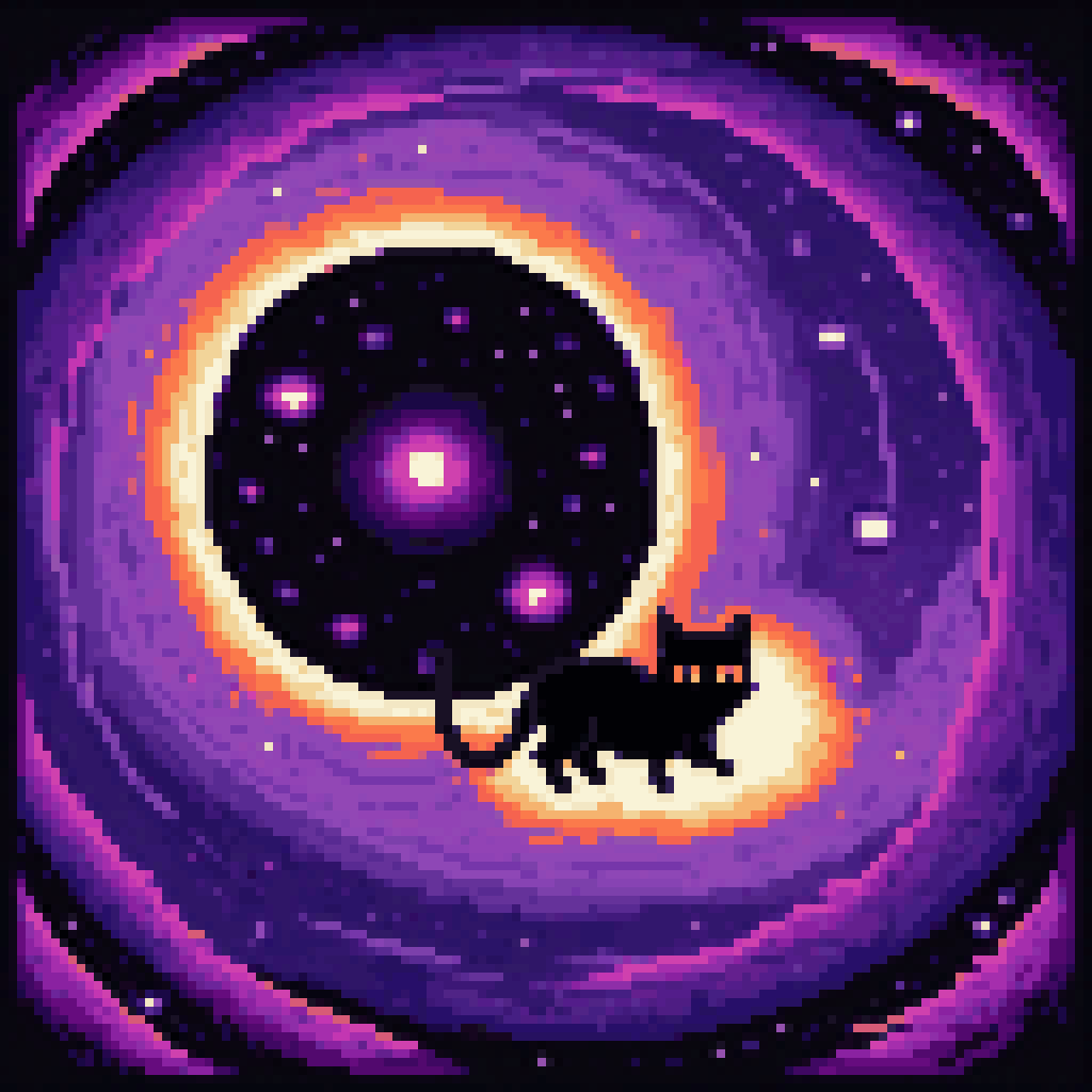 Massive black hole in deep space with no galaxy, purple void, tiny black cat silhouette floating nearby, cosmic horror pixel art