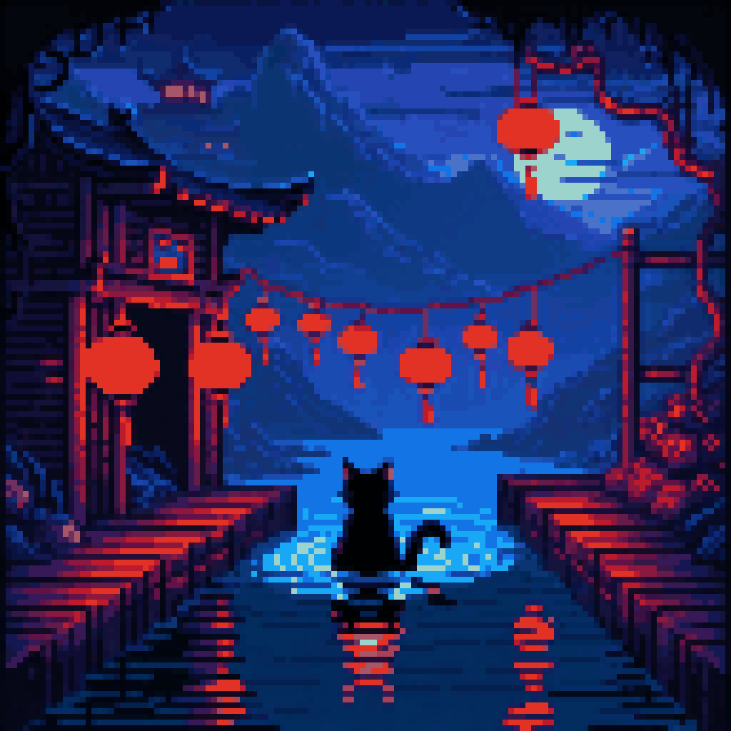 Black cat swimming through dark narrow water strait, floating toll booth with glowing red and orange lanterns, dark moody pixel art