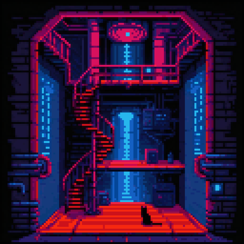 Tall tower with 48 alternating blue and red glowing floors, spiral staircase, black cat climbing, cyberpunk pixel art