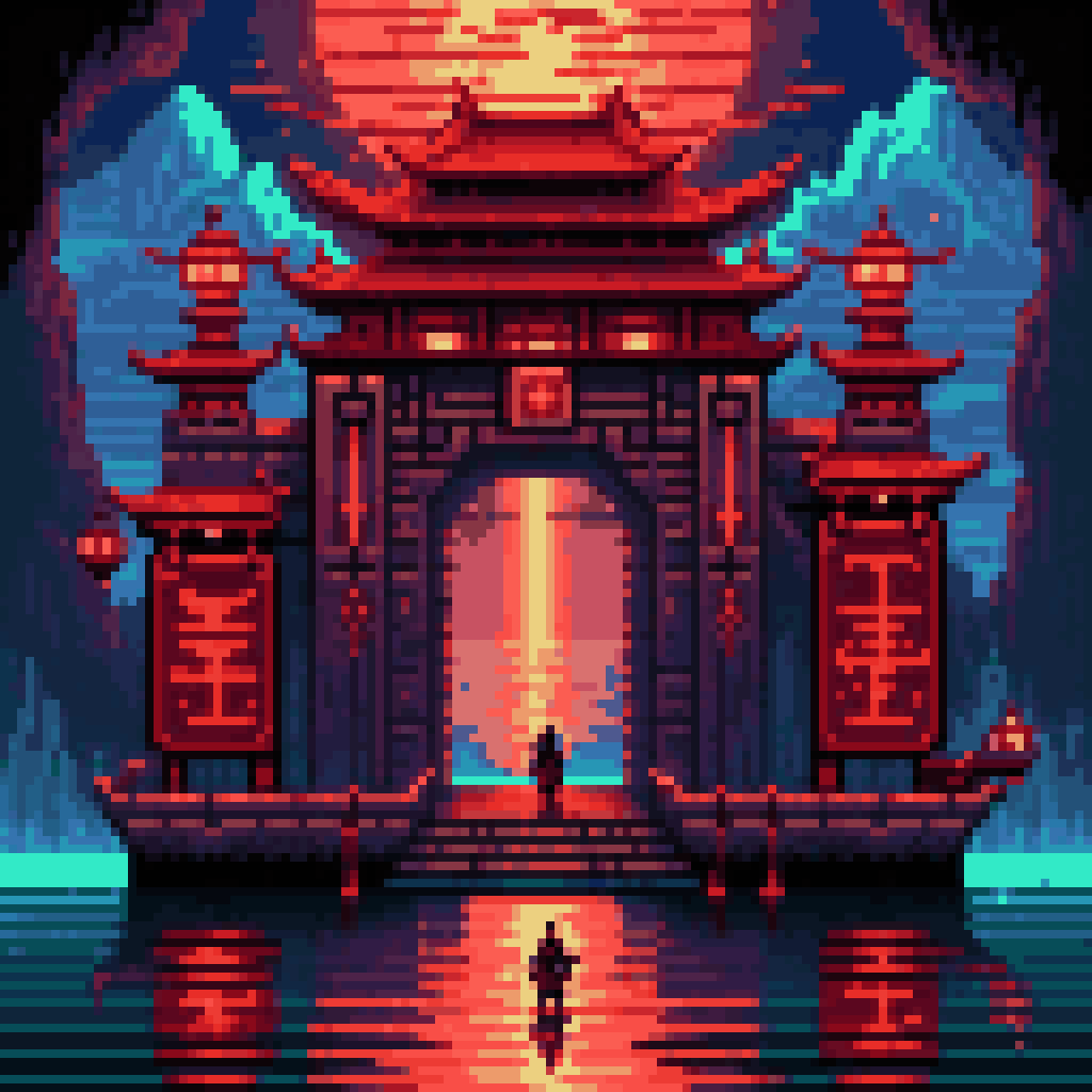 Ethereal toll collector figure at glowing gate, dark water below, ships waiting, yuan symbols floating, red and gold lights, pixel art