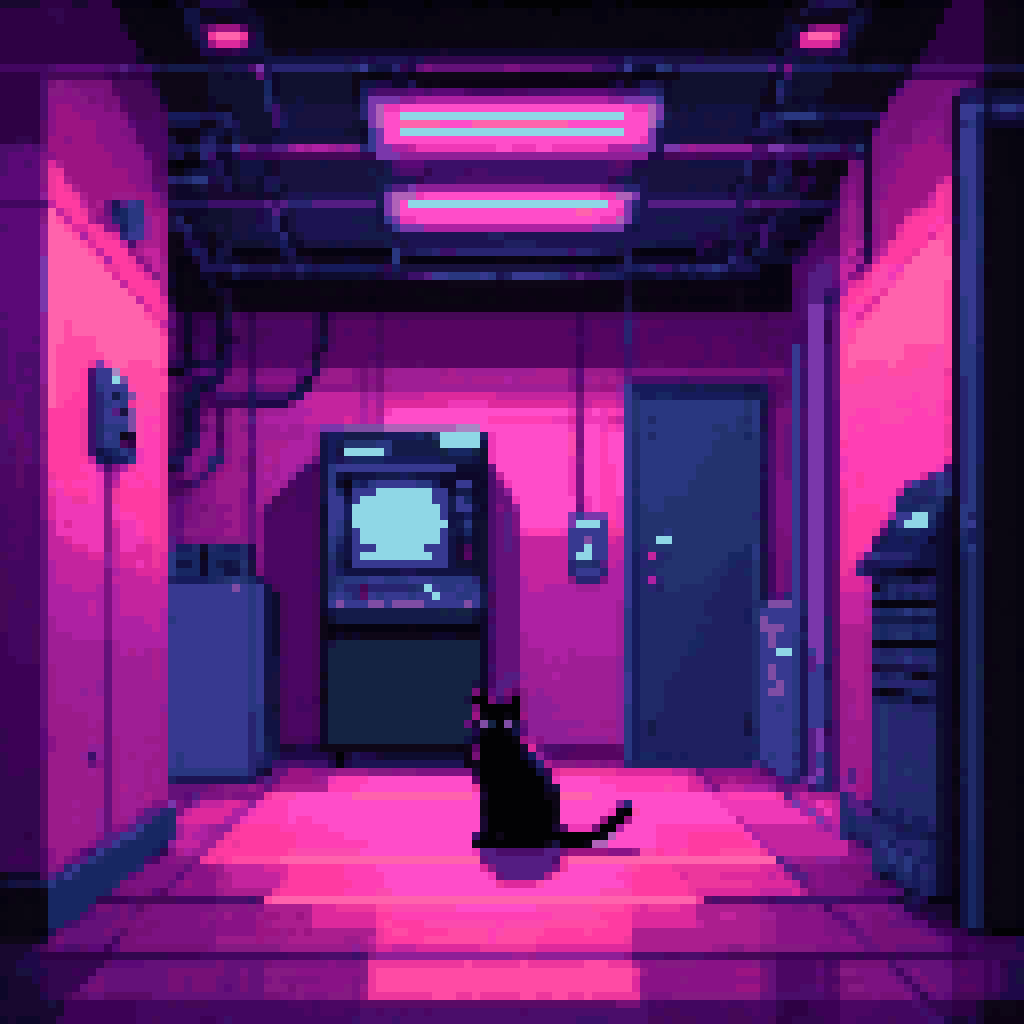 Black cat sitting in dark hallway outside glowing server room door, observer queue file glowing on floor, patient waiting, pixel art atmospheric corridor