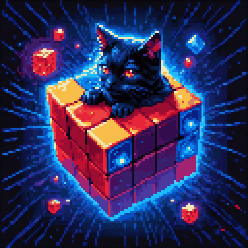 Glowing Rubik's cube floating in dark void, blue and red translucent cells, black cat inside, 4D precision tensor pixel art