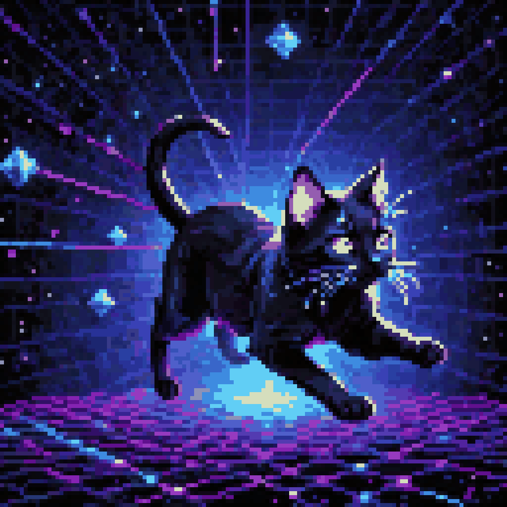 Geometric lattice of light nodes in dark space, black cat chasing pixelated mouse along glowing graph edges, mathematical pixel art