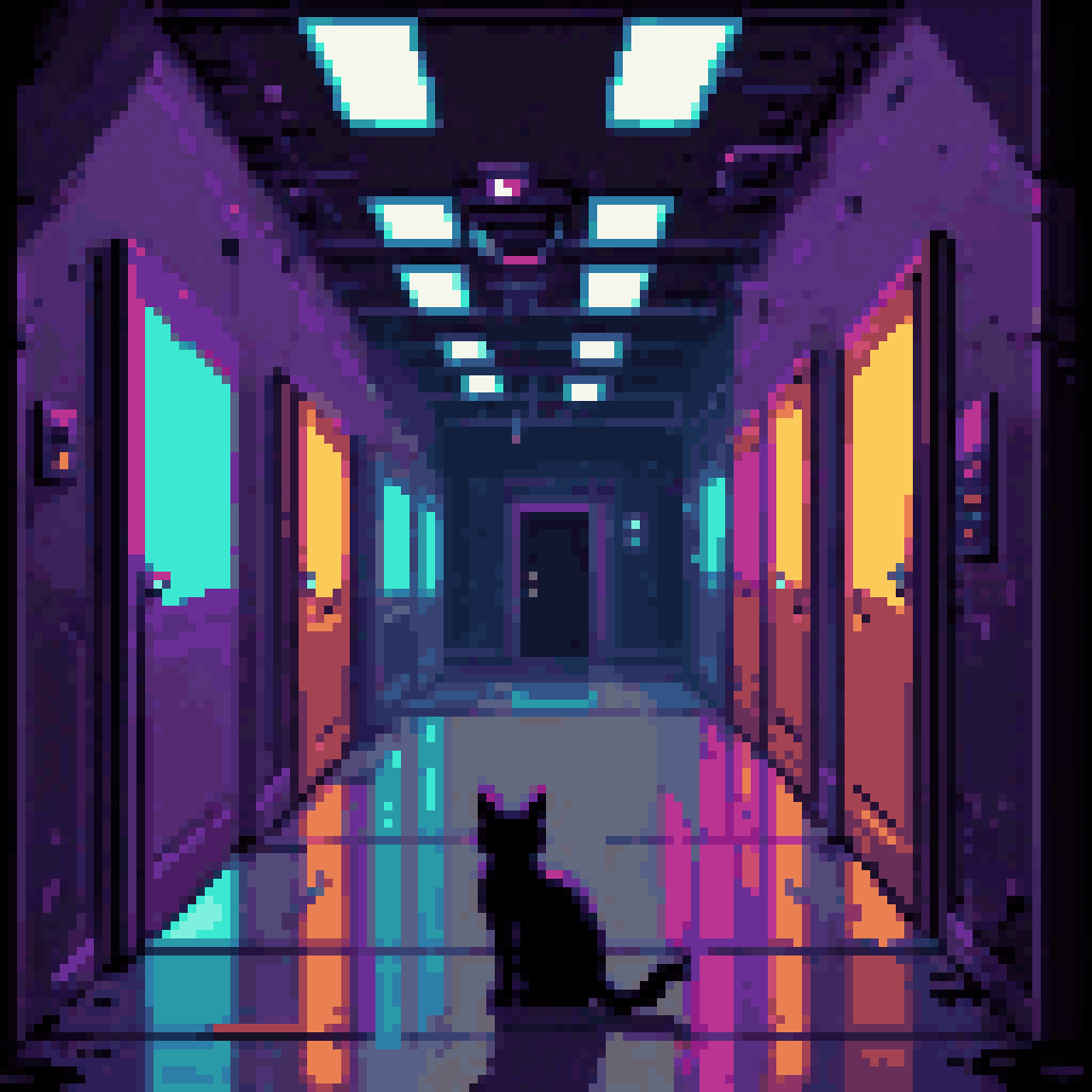 Dark corridor with six glowing doors leaking colored light, black cat silhouette walking through pixel art news studio backstage