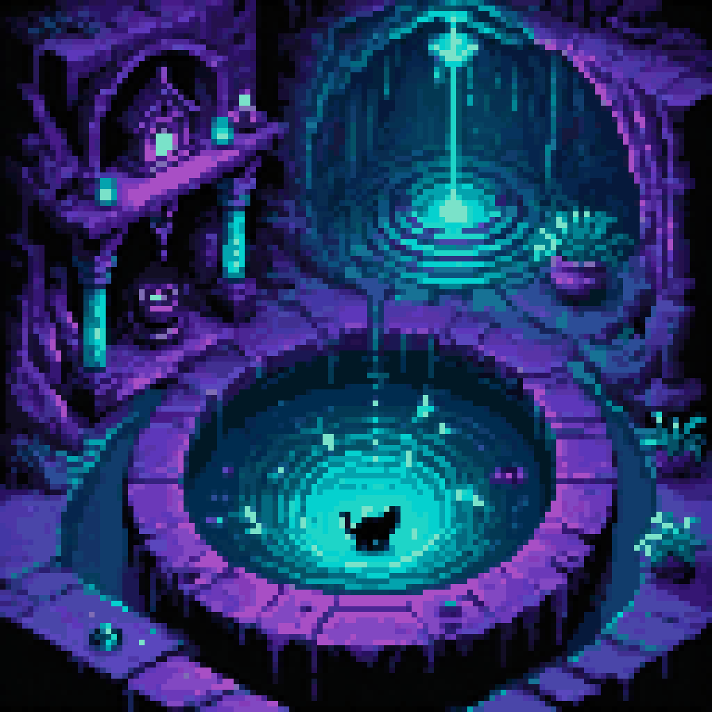 Deep dark well viewed from above, glowing embedding vectors floating like plankton, black cat at the bottom, six ghostly voice waveforms spiraling upward, ancient pixel art