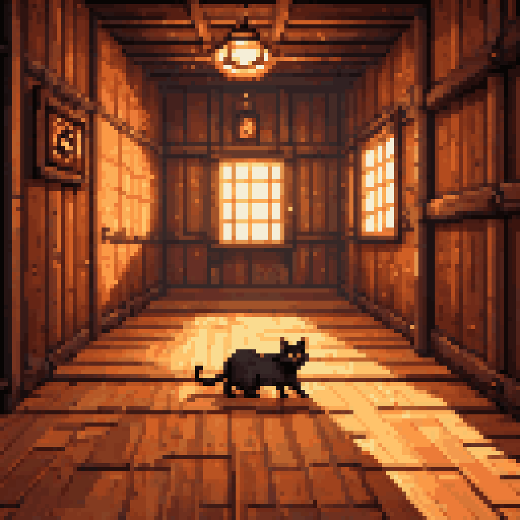 Low polygon black cat inside warm wooden room with stone walls and volumetric god ray light shaft, small pixel mouse at far end, 8-bit pixel art